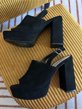 Black Suede Guess Slingback Platforms w/ Chunky Heel Size 9.5